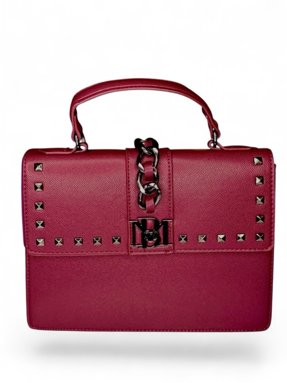 Badgley Mischka Garnet Red Top-Handle Satchel with Stud and Chain Detail